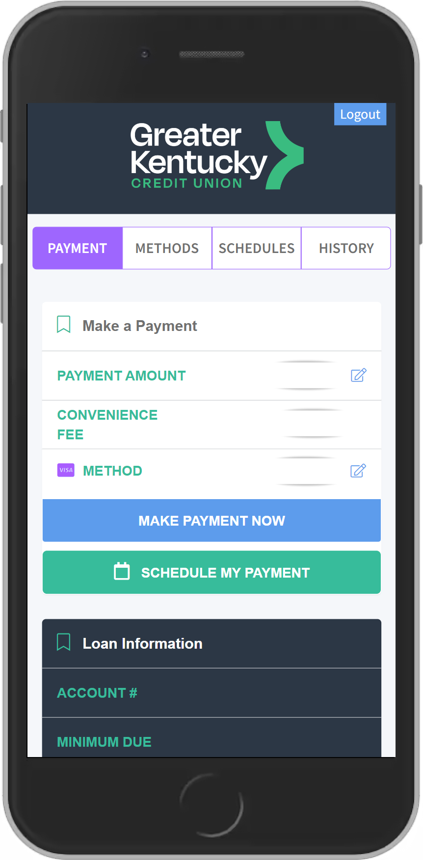 Mobile app interface for Greater Kentucky Credit Union, showing payment options with blue and green buttons.