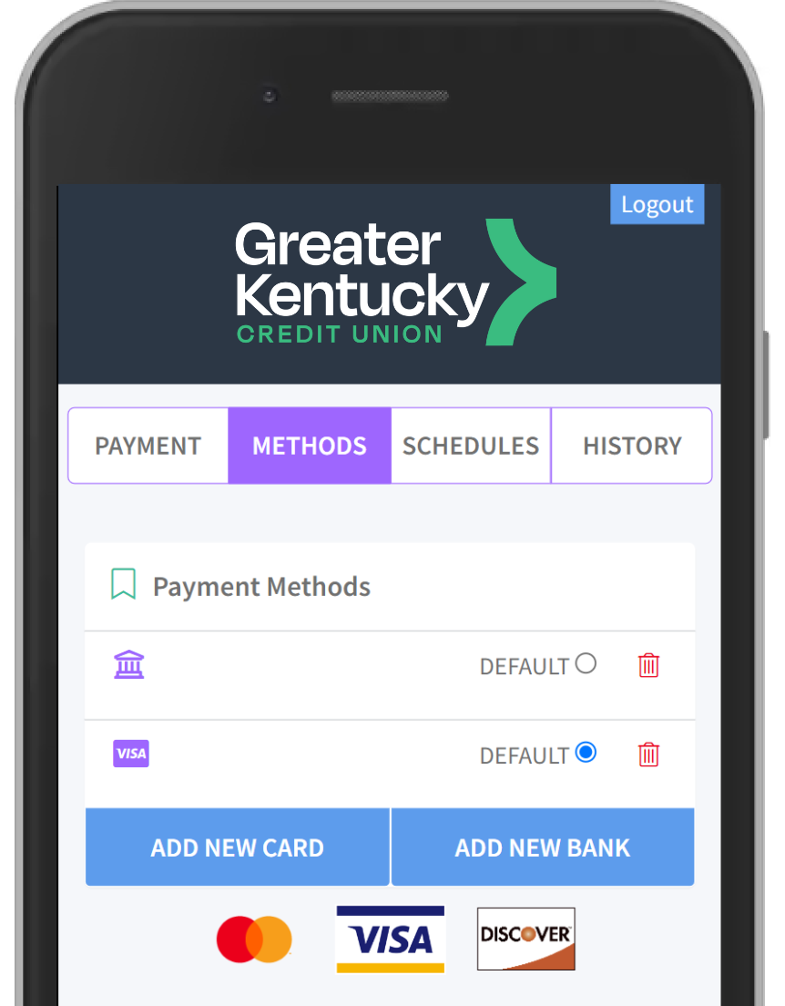 Mobile banking app showing payment methods for Greater Kentucky Credit Union.