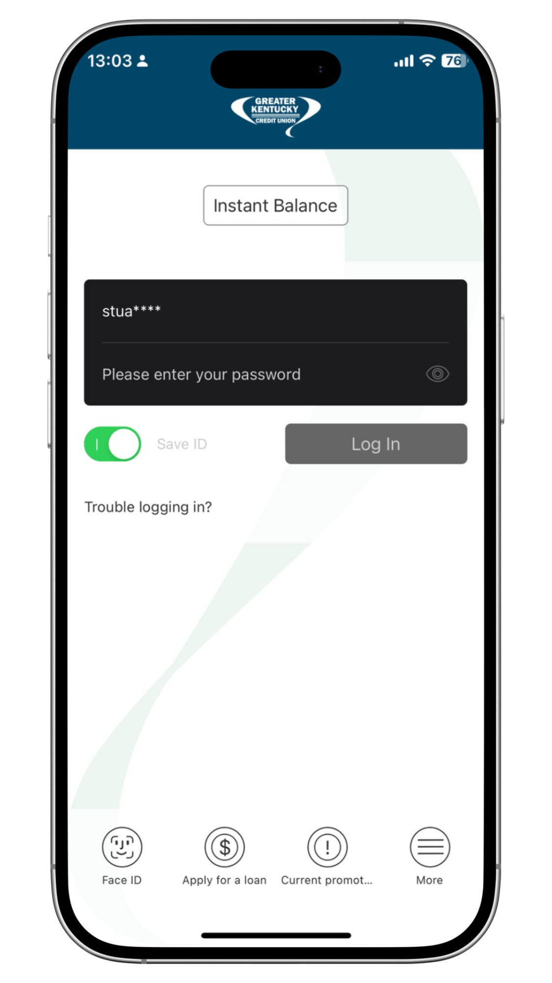 Mobile app login screen with a logo, email/password fields, and