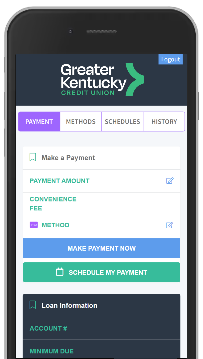 A mobile phone screen showing the Greater Kentucky Credit Union app with options for payment, methods, schedules, and history.