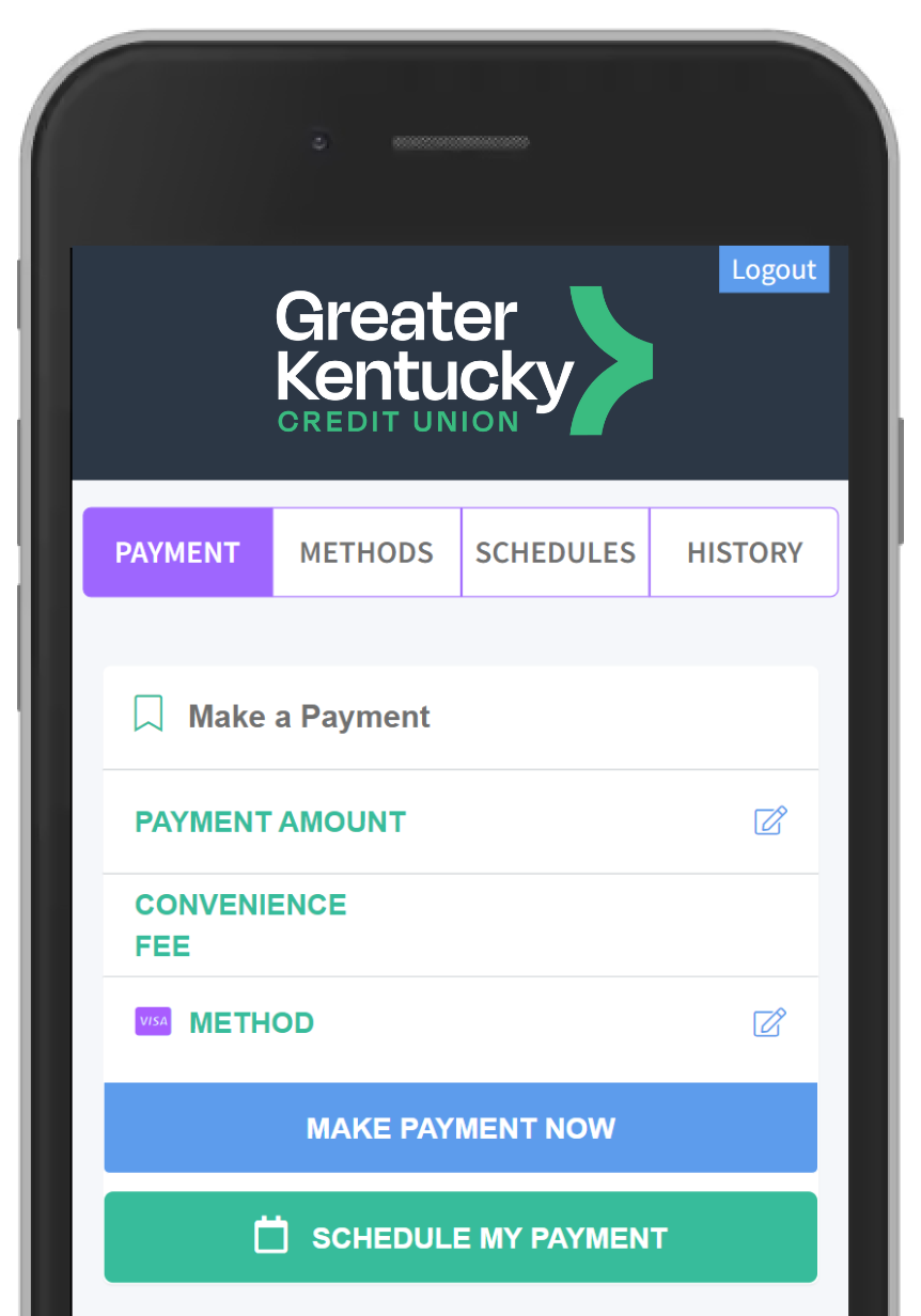 Mobile app interface for Greater Kentucky Credit Union, showing payment options with blue, green, and purple buttons.