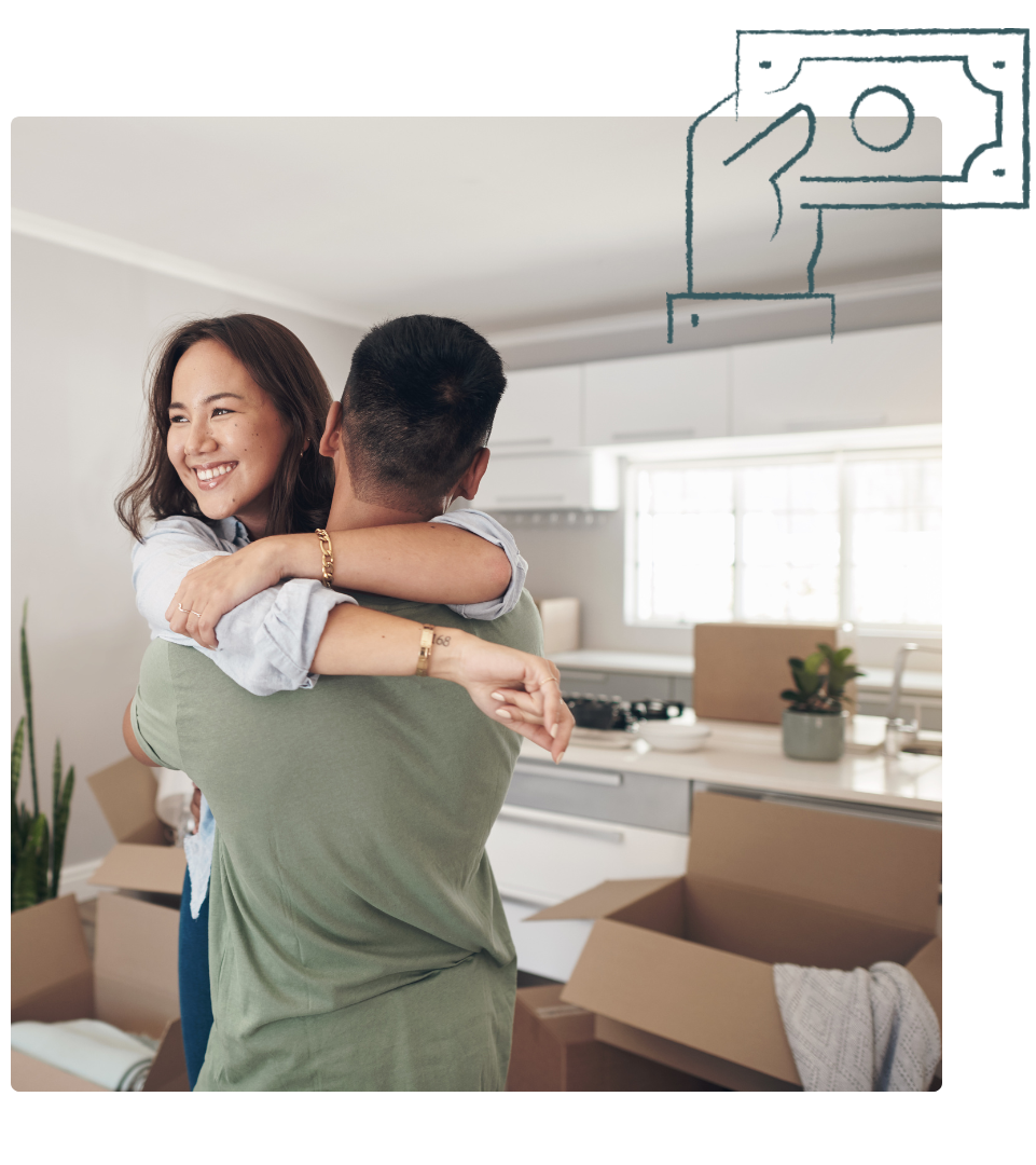 Couple embracing in their new kitchen, surrounded by boxes, smiling with a hand holding a money icon.