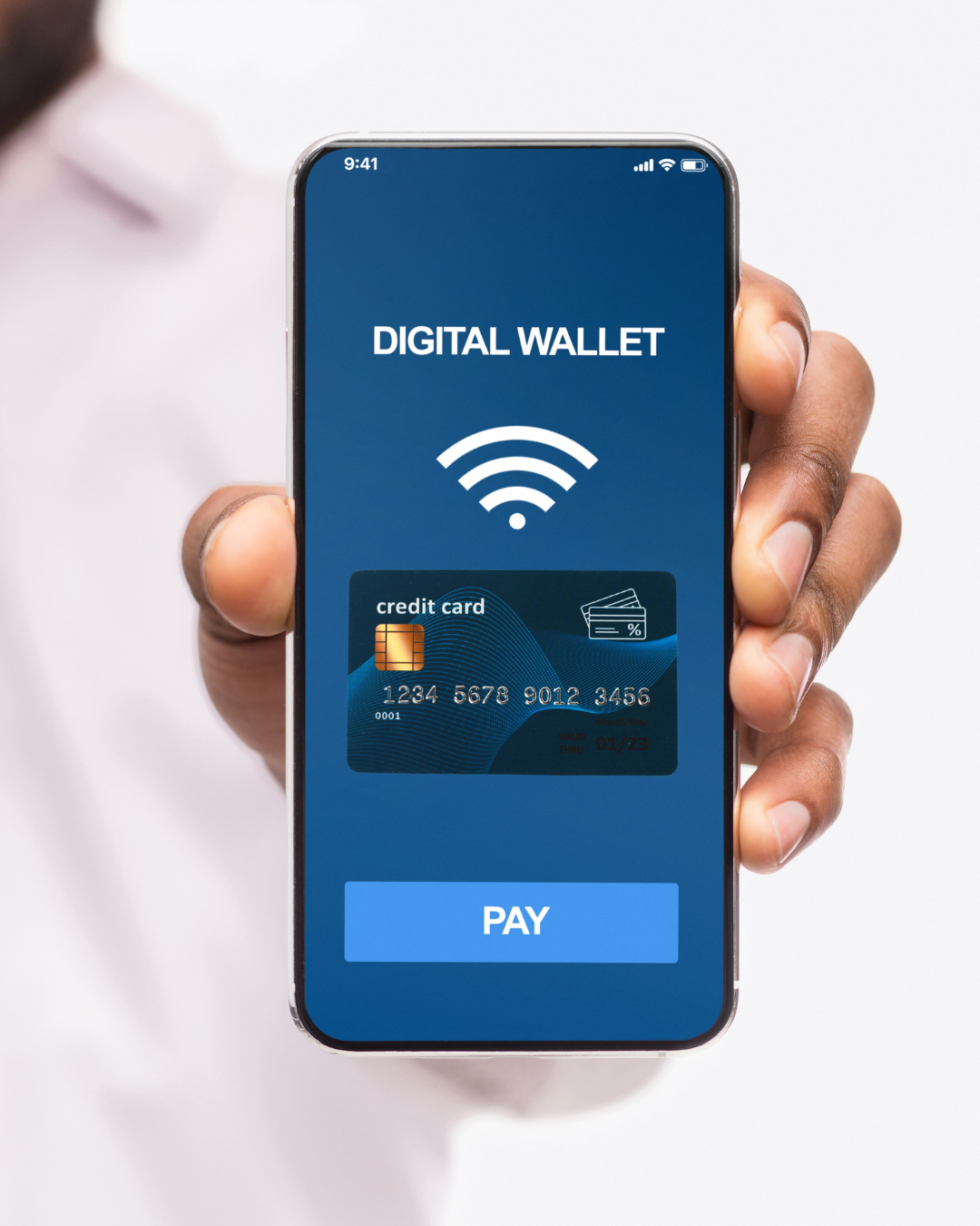 Hand holding phone displaying a digital wallet with a credit card and