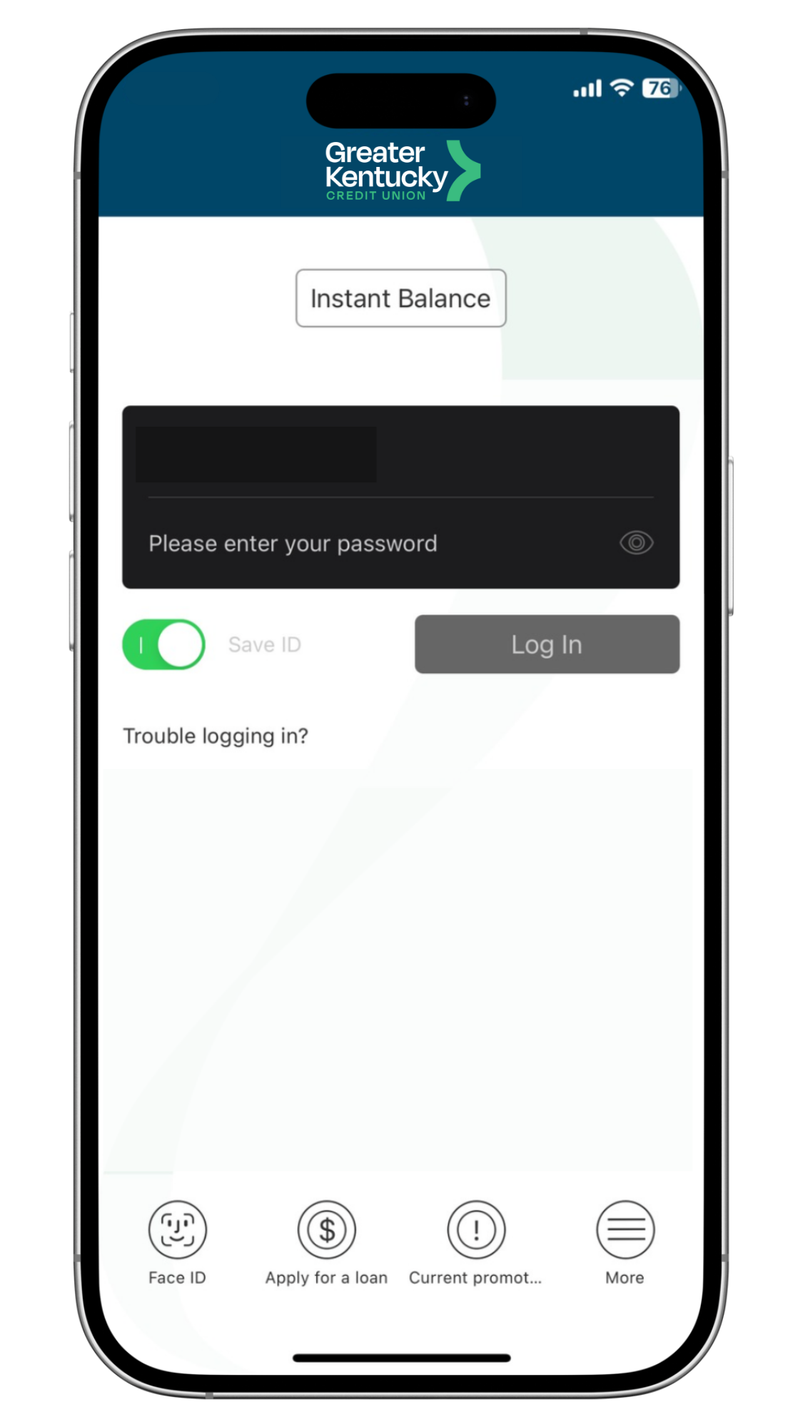 Mobile app login screen with a password field, log in button, and