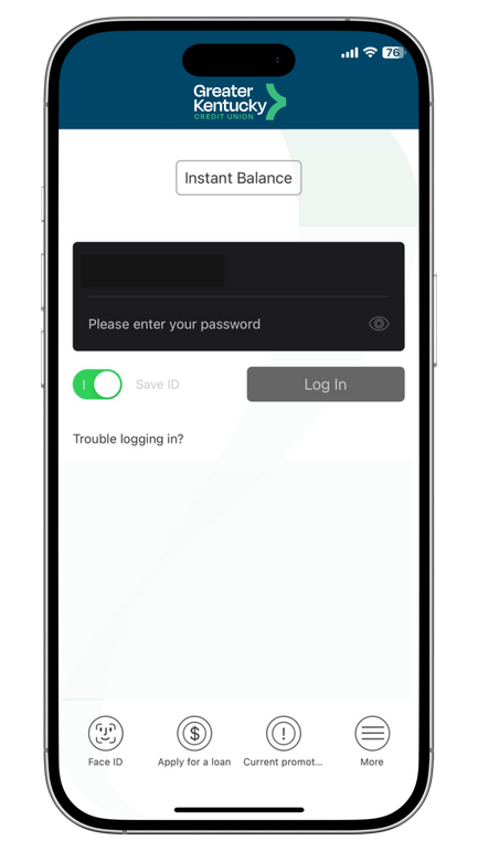 Mobile app login screen with a password field, log in button, and