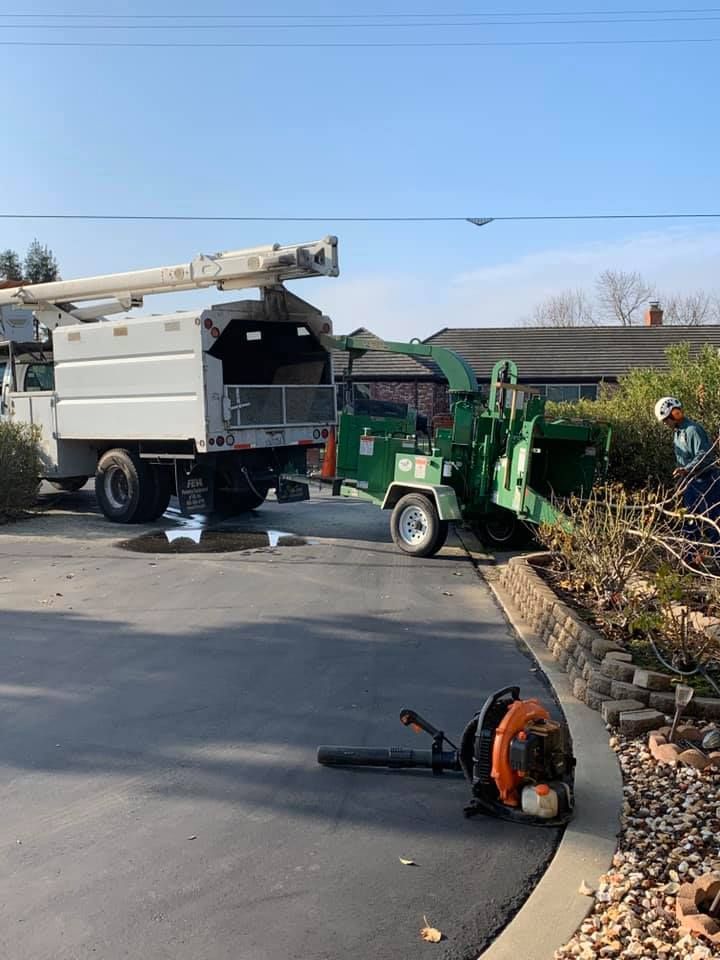A tree chipper and a brush cutter are parked in a driveway.