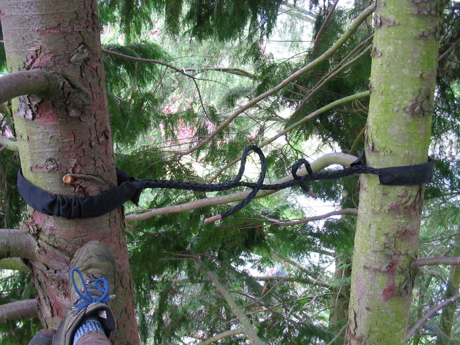 A person's foot in a shoe near a rope swing attached to two trees with black straps.