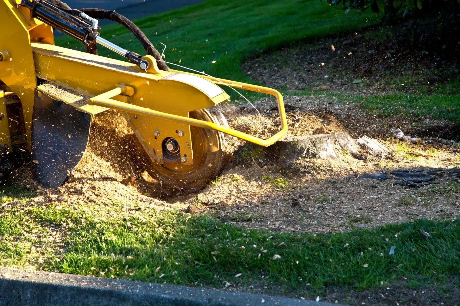 Yellow backhoe digging dirt and grass, kicking up soil near a curb