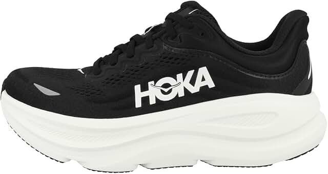 Black and white Hoka running shoe, thick white sole, black mesh upper, white logo.