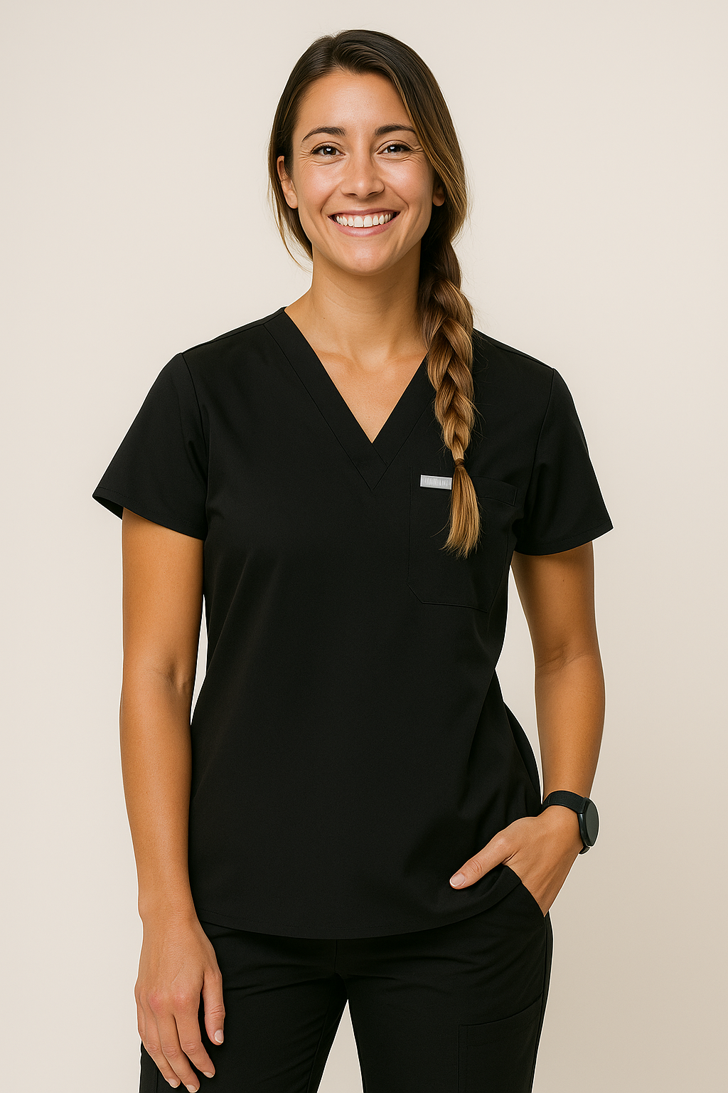Woman in black scrubs, smiling, hand in pocket, braid, neutral background.