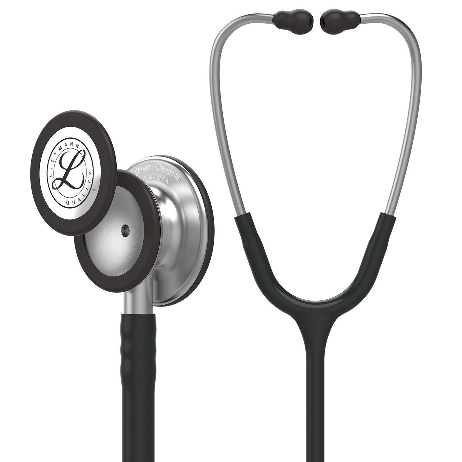 Black stethoscope with silver metal chest piece and ear tubes against a white background.