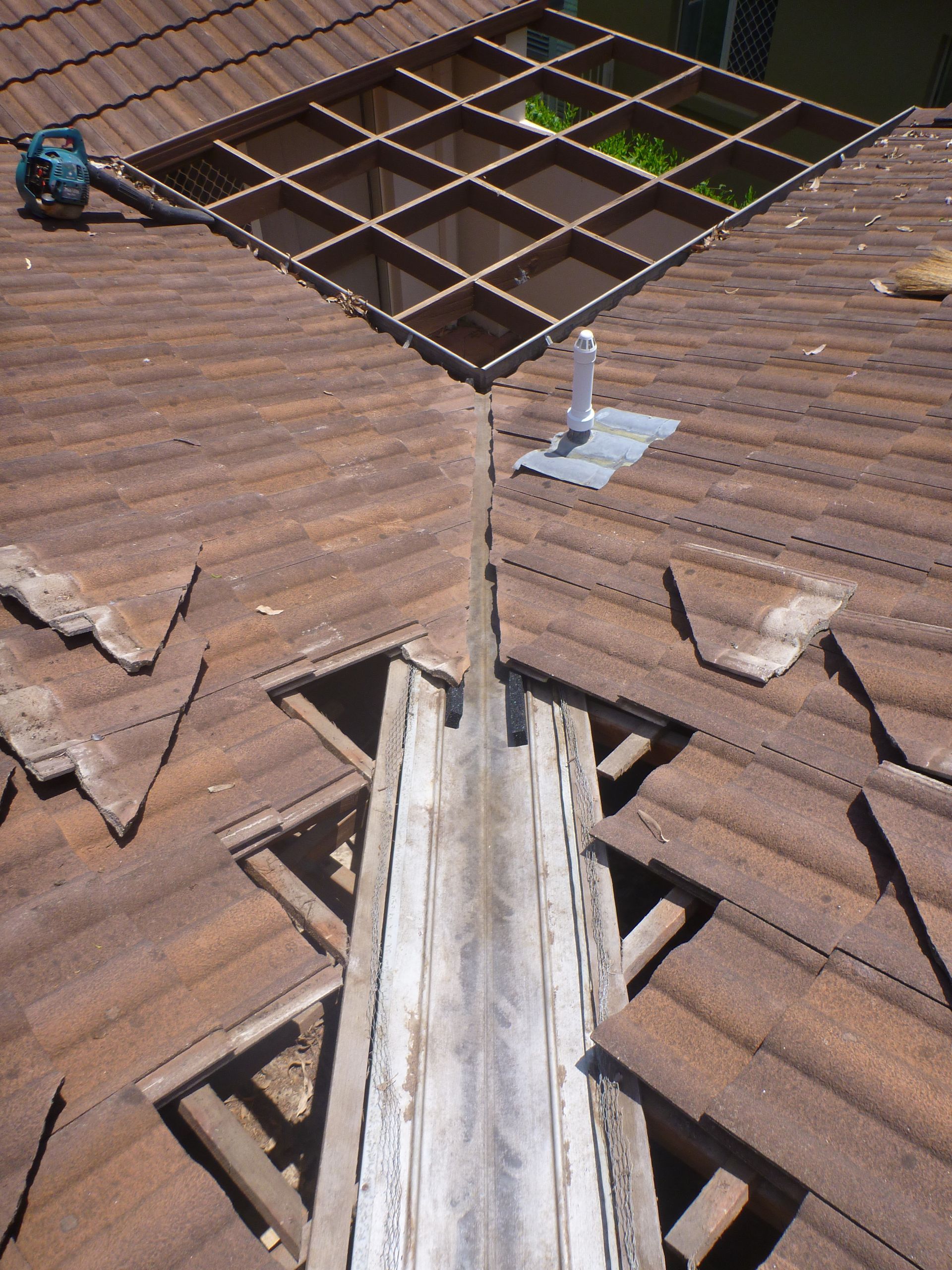 A Man Is Standing On Top Of A Roof With A Ladder — Gold Coast Roof Repairs in Mudgeeraba, QLD