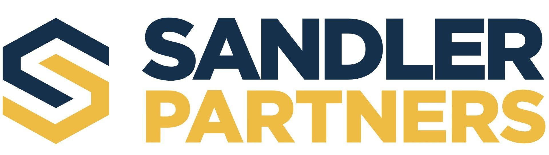 The logo for sandler partners is blue and yellow.