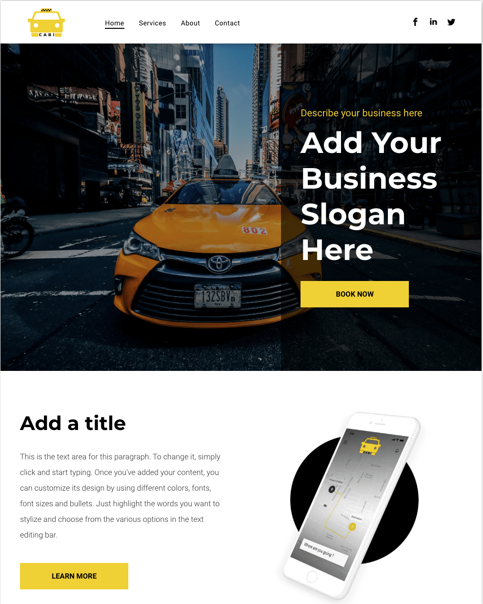 A yellow taxi is driving down a city street next to a cell phone.