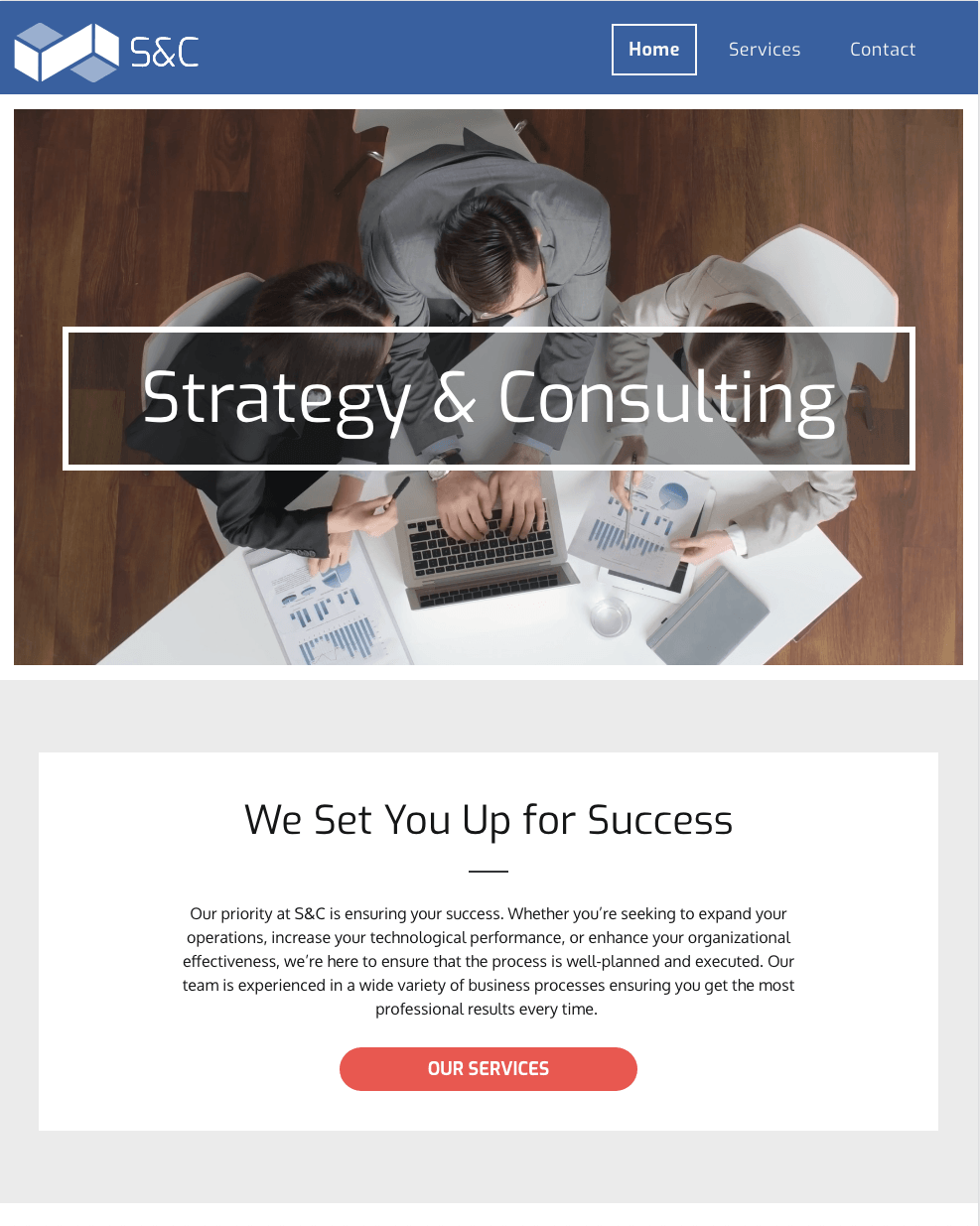 A website for strategy and consulting shows a group of people sitting around a table