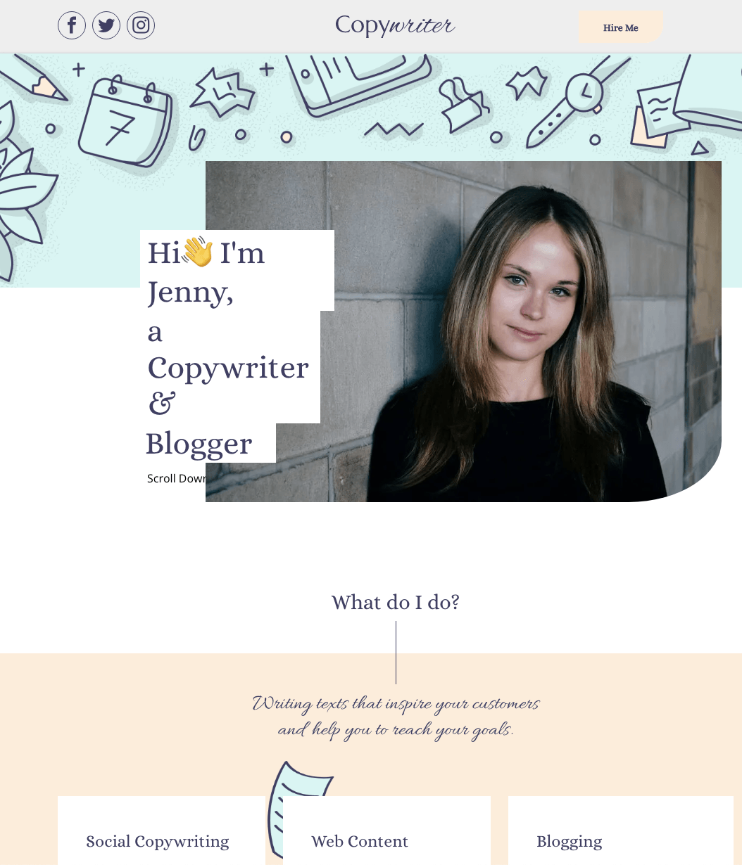 A landing page for jenny , a copywriter and blogger
