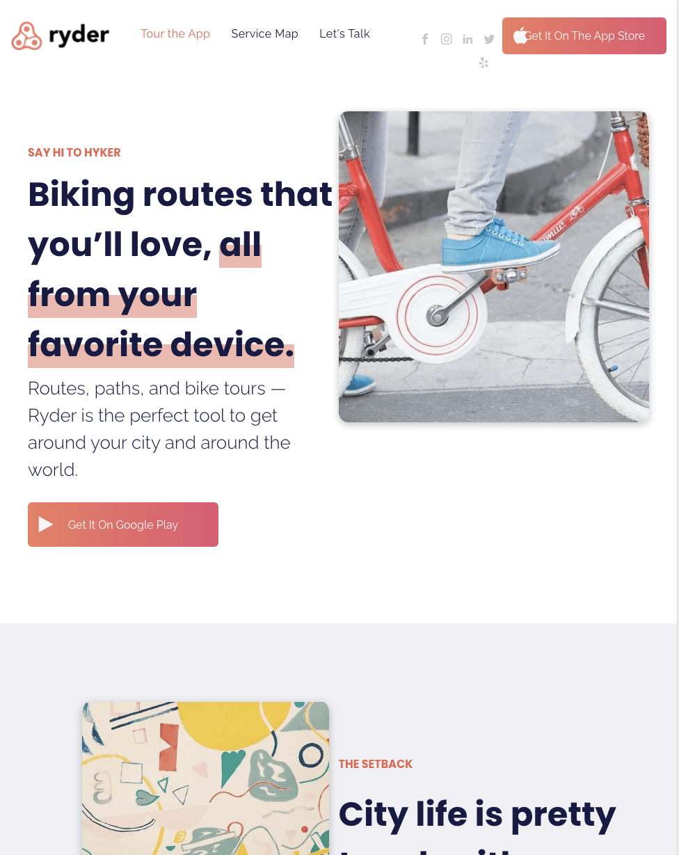 A person is riding a bike on a website that says biking routes that you 'll love all from your favorite device