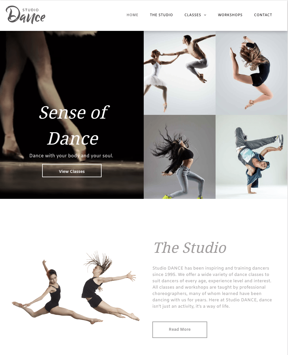 A screenshot of a website for a dance studio.
