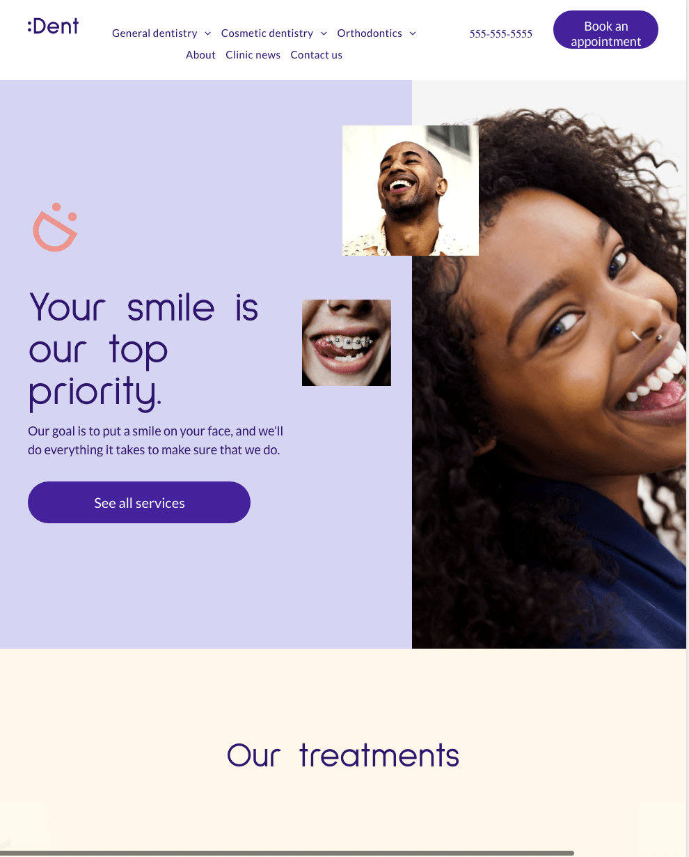 A woman is smiling on a website that says your smile is our top priority.