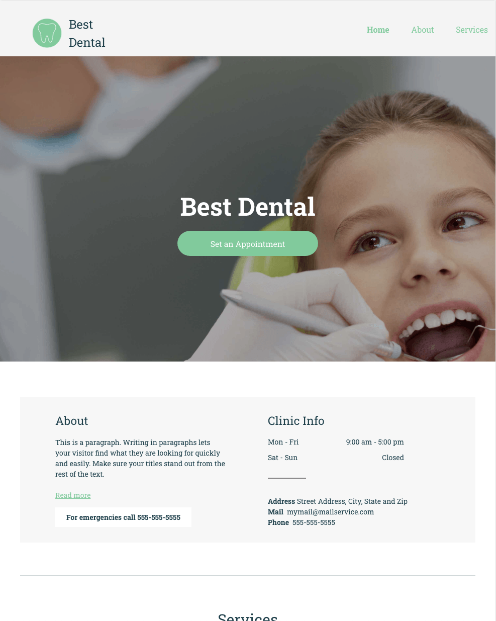 A website for best dental shows a little girl getting her teeth examined