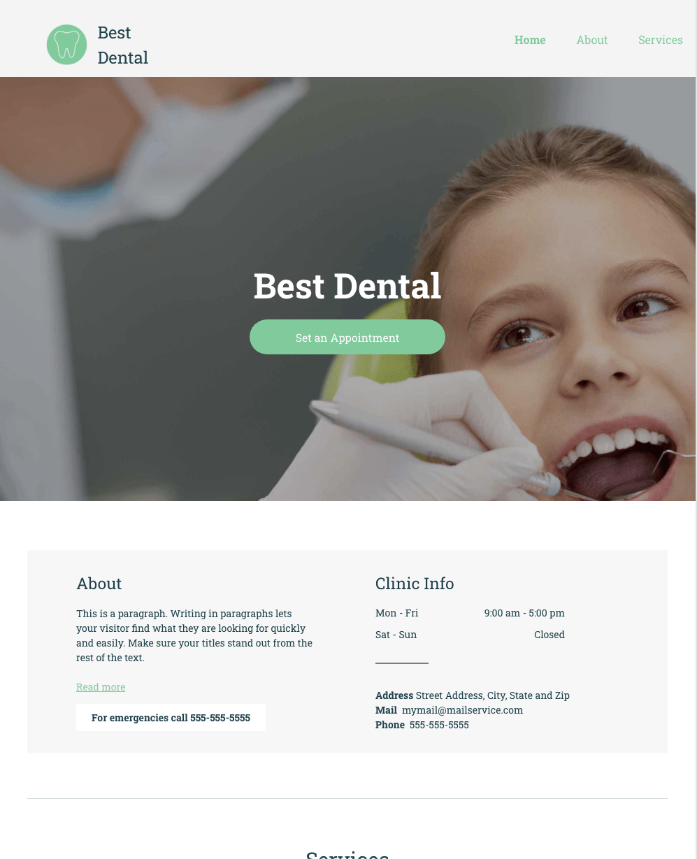 A girl is getting her teeth examined by a dentist and the website says best dental