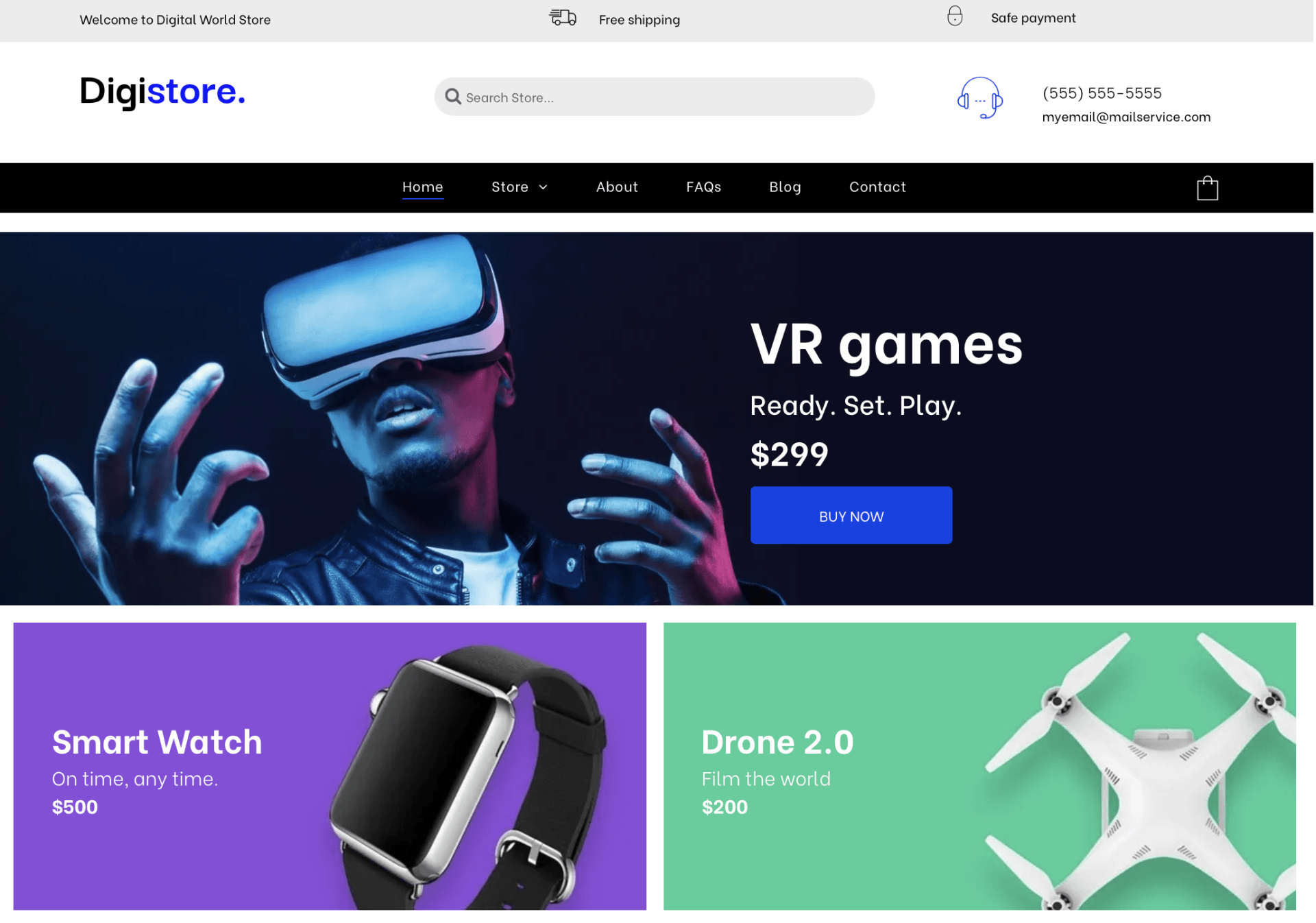 A man wearing a virtual reality headset is holding a smart watch and a drone.