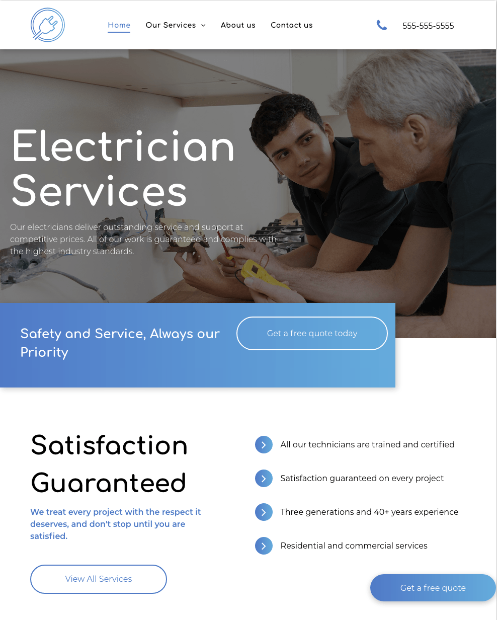 A screenshot of a website for electrician services