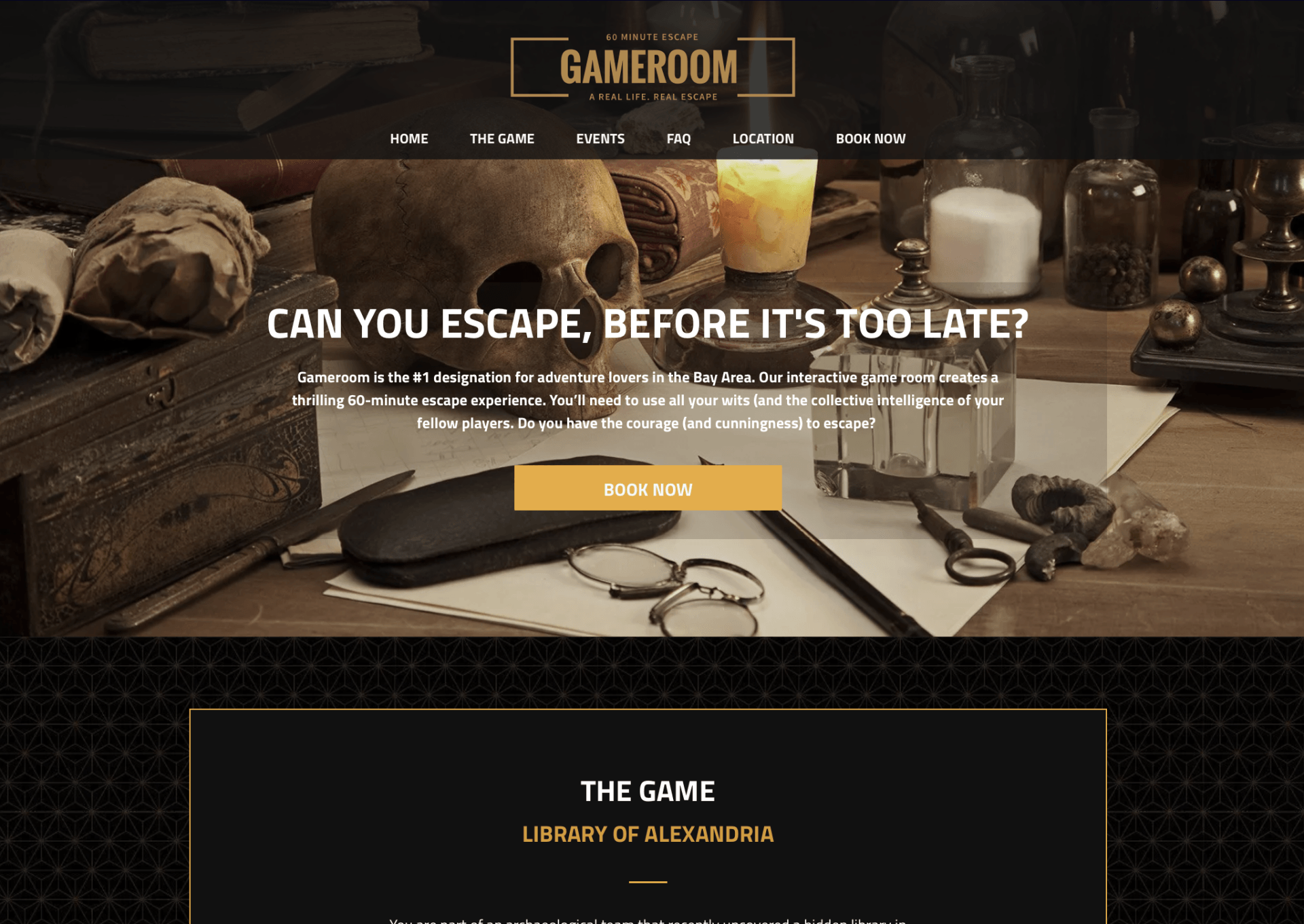 A screenshot of a website for a game room with a skull on a table.