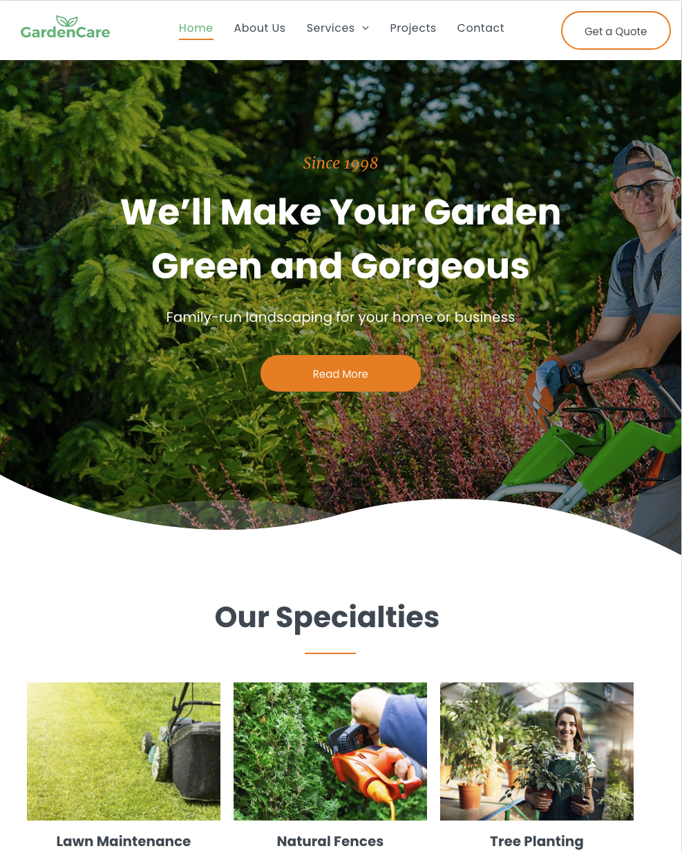 A screenshot of a website that says `` we 'll make your garden green and gorgeous ''.