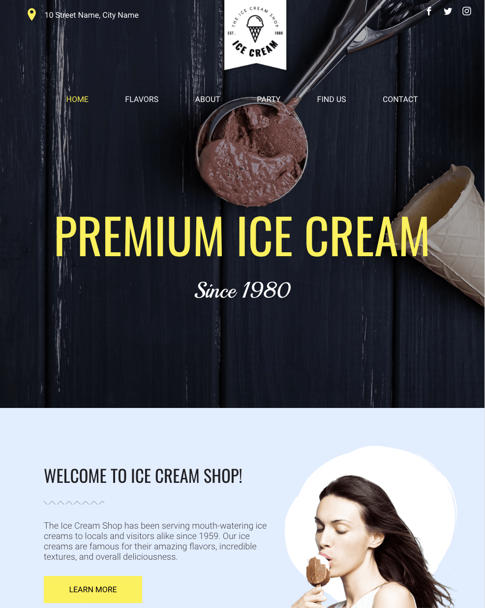 A screenshot of a website for a premium ice cream shop