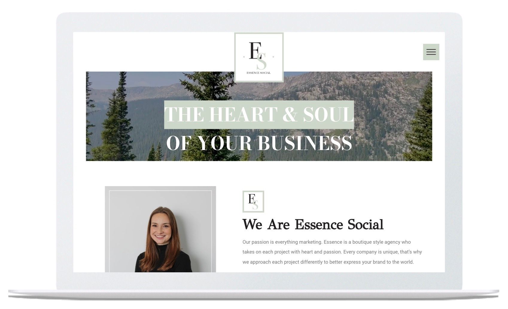A laptop screen shows a website called the heart and soul of your business.