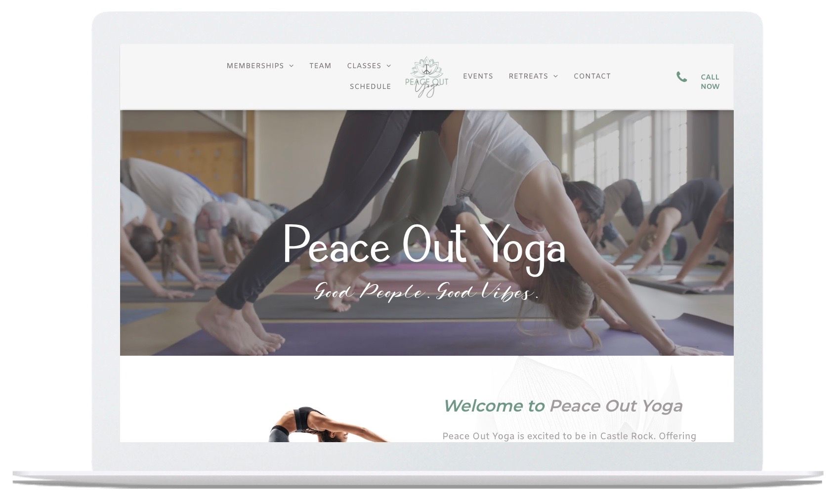 A laptop with a peace out yoga website on it.