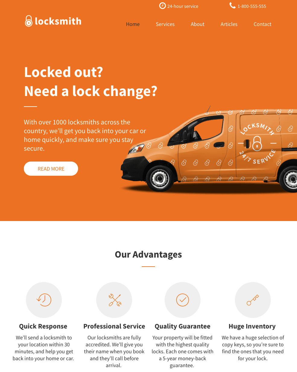 A landing page for a locksmith company with a van on it.