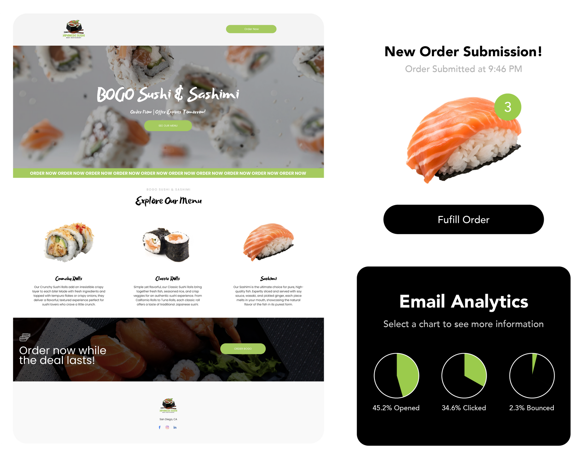 A screenshot of a website for a sushi restaurant.