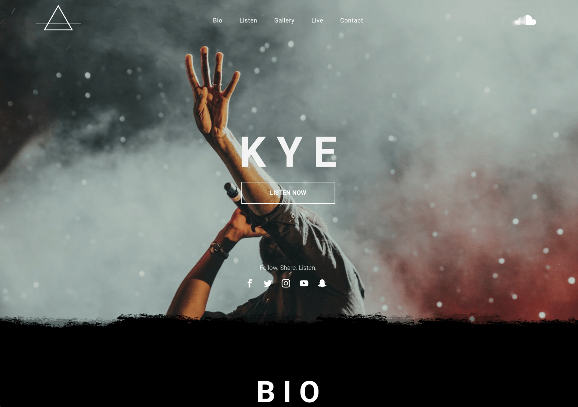 A kye bio page with a man holding a microphone