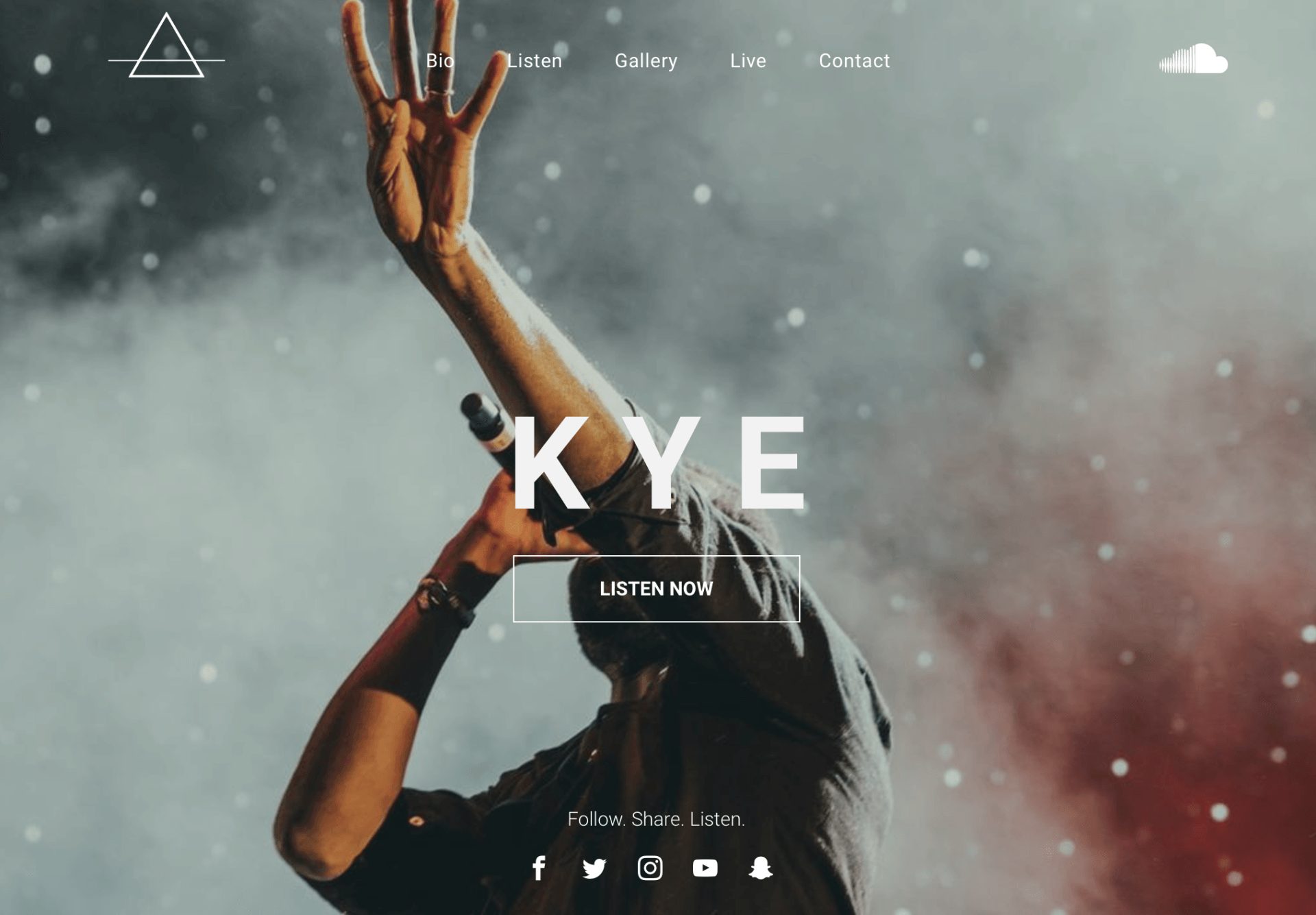 A man is making a peace sign with his hands in the air.