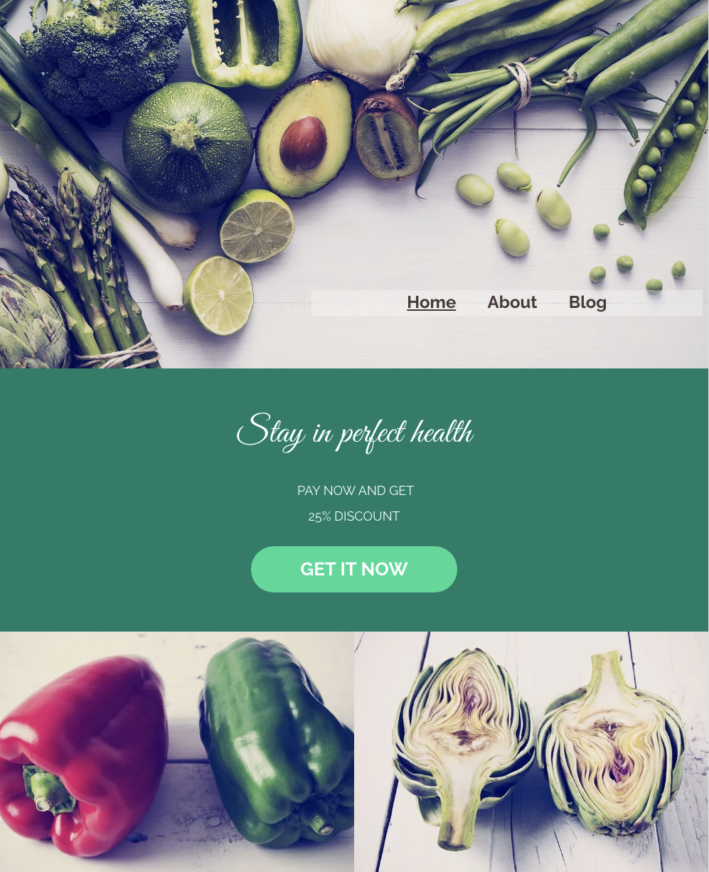 A collage of vegetables with a button that says get it now