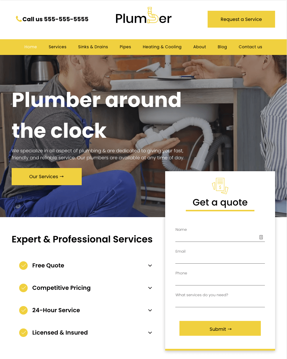 A screenshot of a plumber around the clock website
