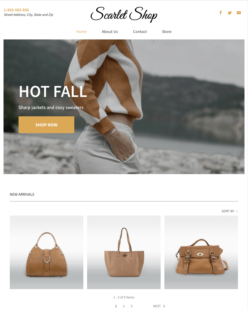 A screenshot of a scarlet shop website showing a woman in a sweater and handbags.