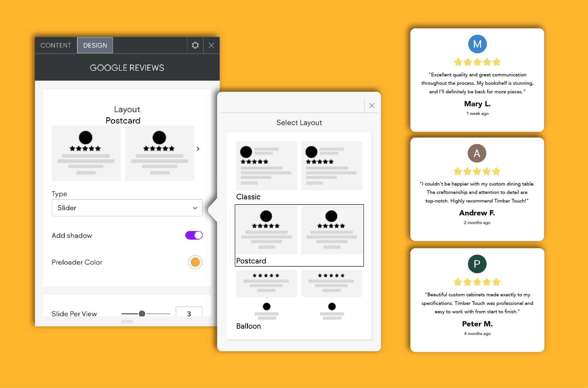 A screenshot of a customer review page on a yellow background.