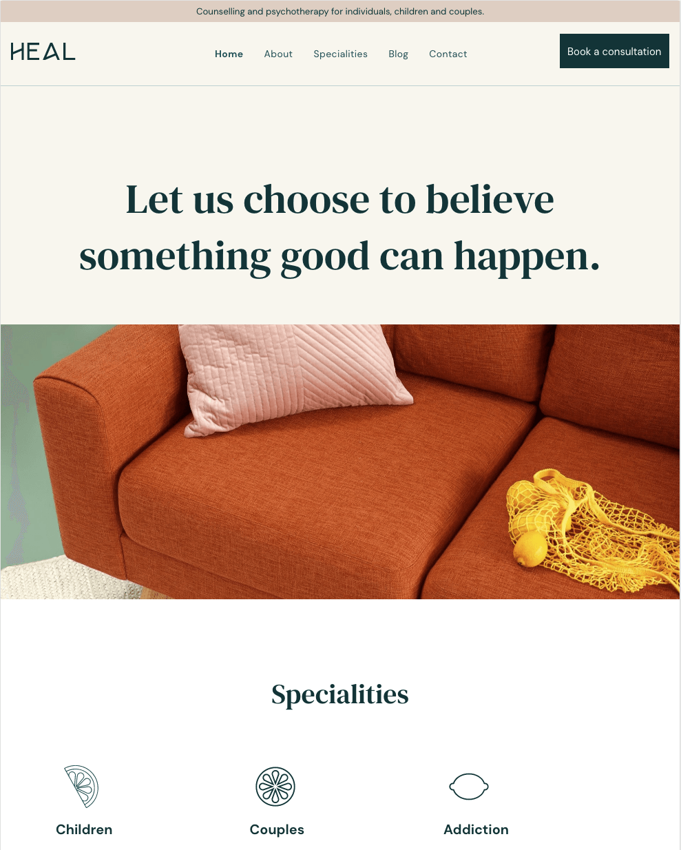 A website for heal shows a couch and says let us choose to believe something good can happen