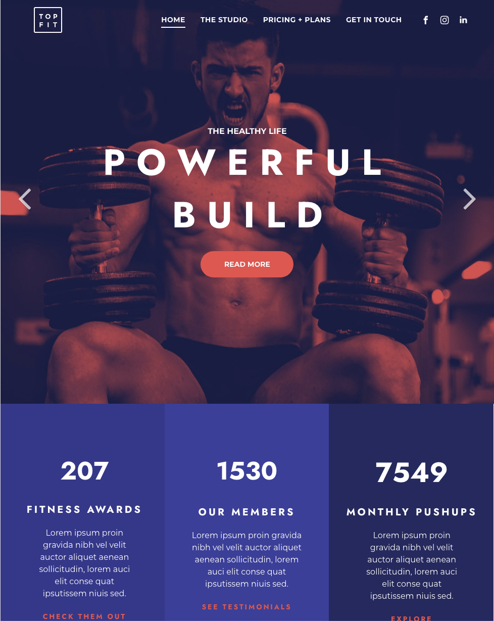 A man is lifting weights on a website that says powerful build