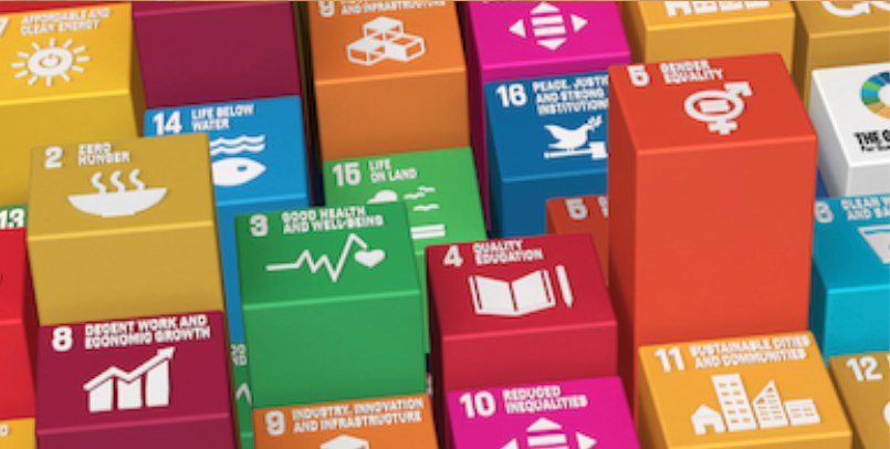 A bunch of colorful blocks with icons on them are stacked on top of each other.