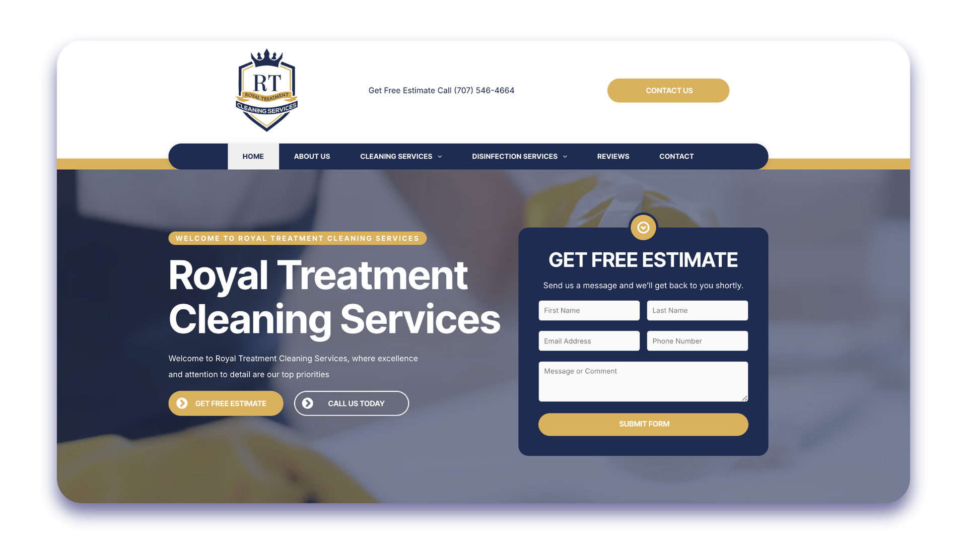 A screenshot of a website for royal treatment cleaning services.