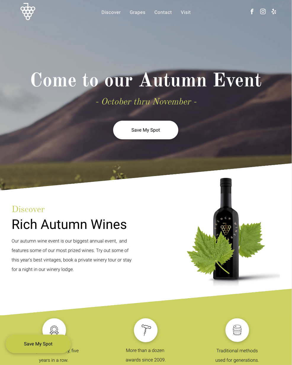 A bottle of wine is on a website that says come to our autumn event