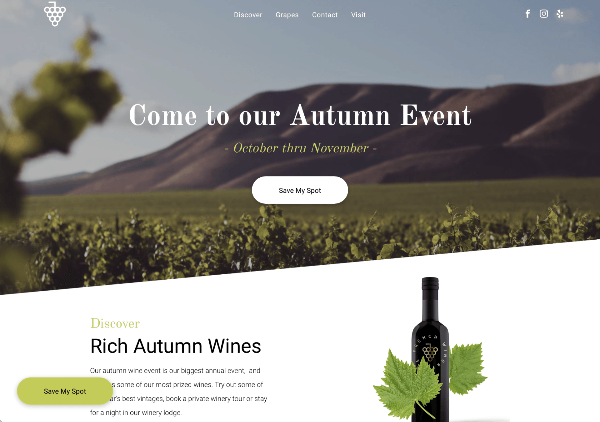 A bottle of wine is on the homepage of a website.