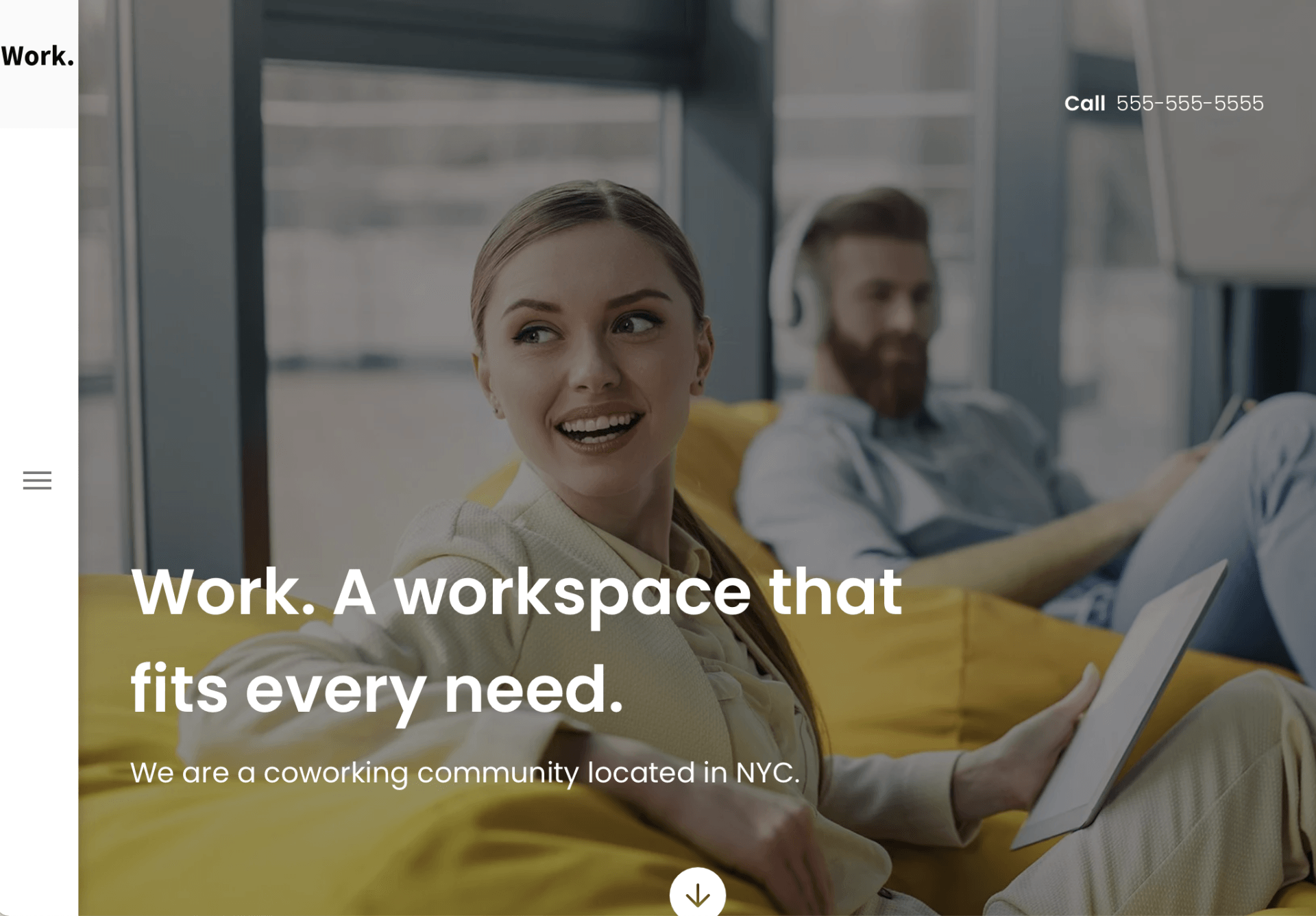 A woman is sitting on a bean bag chair with a tablet and a man is sitting next to her.