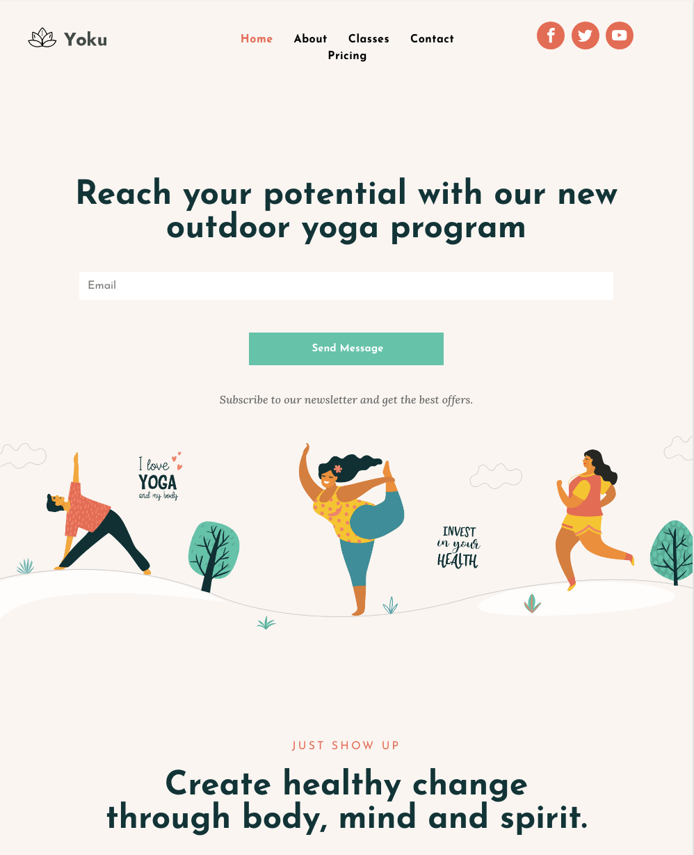 A landing page for a yoga program called reach your potential with our new outdoor yoga program.