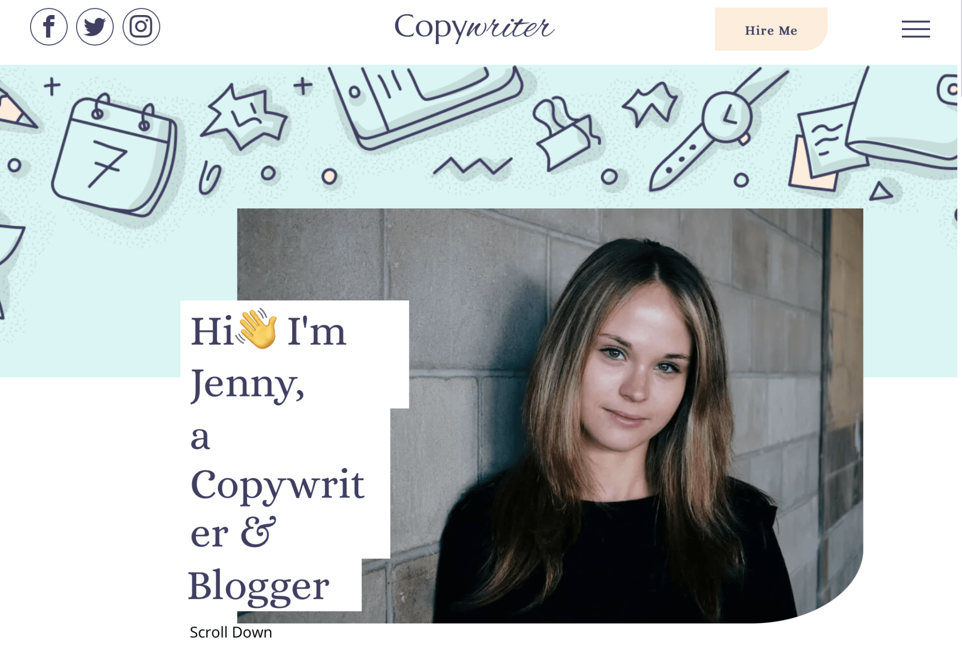 A woman is standing in front of a brick wall on a copywriter website.