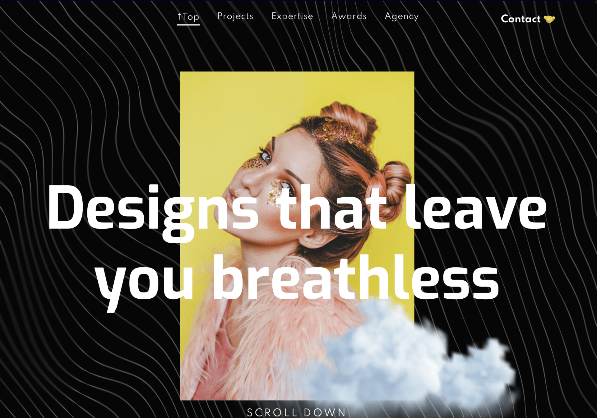 A screenshot of a website with a picture of a woman and the words `` designs that leave you breathless ''.